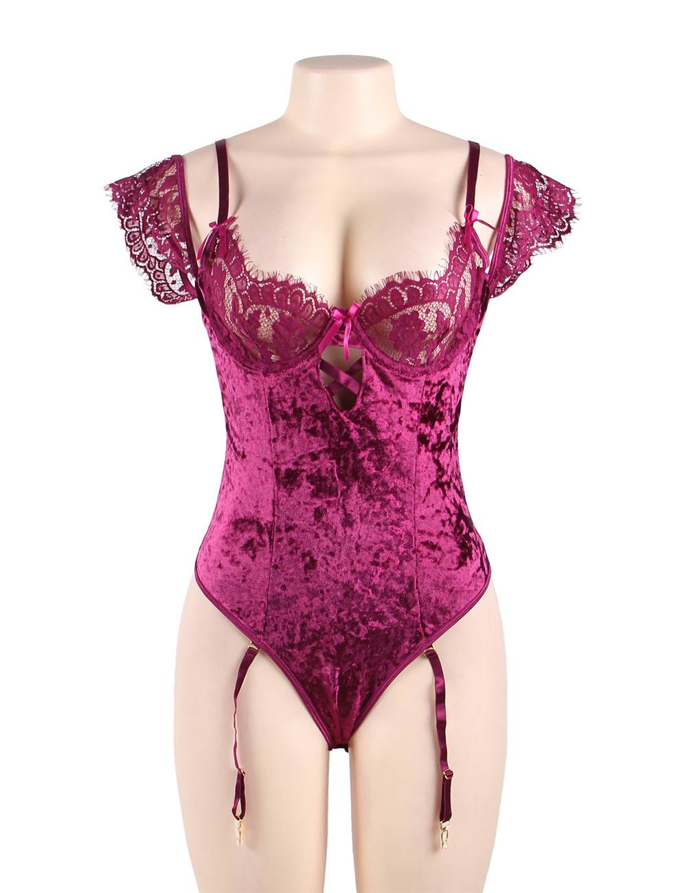 Sheer Lace Off Shoulder Velvet Teddy