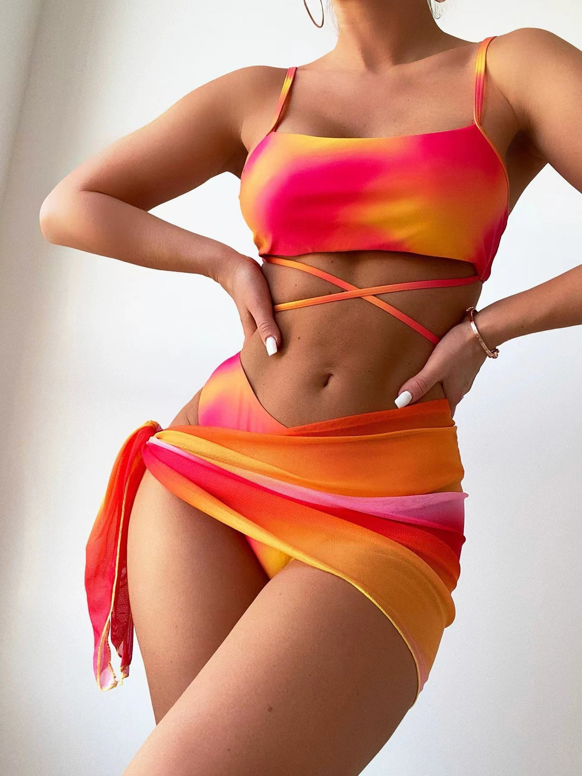 Tie dye bikini swimsuit women's three piece set mesh skirt split bikini swimsuit