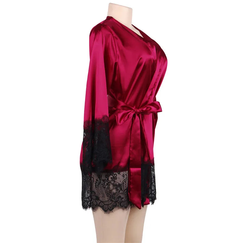 Newest Silk Robe Long Sleeves Lingerie Gowns Lace Patchwork Short Kimono Sexy Bride Robes Wedding