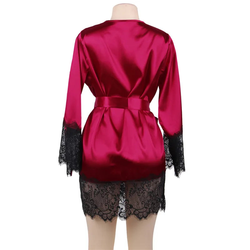 Newest Silk Robe Long Sleeves Lingerie Gowns Lace Patchwork Short Kimono Sexy Bride Robes Wedding