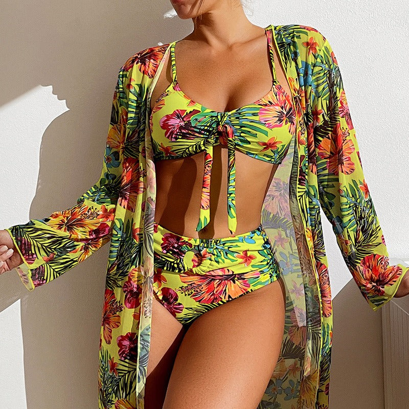 Swimming River Swimwear Long Sleeve Cover Up Split Three Piece Set Printed Sexy Swimwear Women's Bikini New Bikini