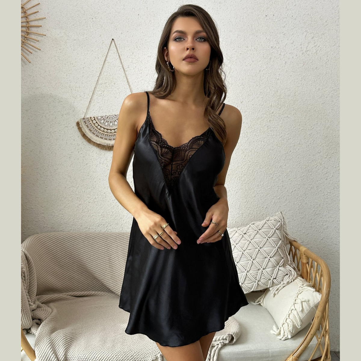 Lingerie Set Women's Silk Satin Sleepwear with Lace Trim and Strapless Design, Sexy Nightwear for Home Wear