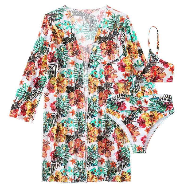 Swimming River Swimwear Long Sleeve Cover Up Split Three Piece Set Printed Sexy Swimwear Women's Bikini New Bikini