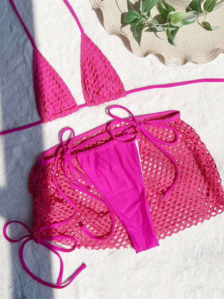 Sexy bikini three piece set solid color bikini bikini bikini mesh swimsuit