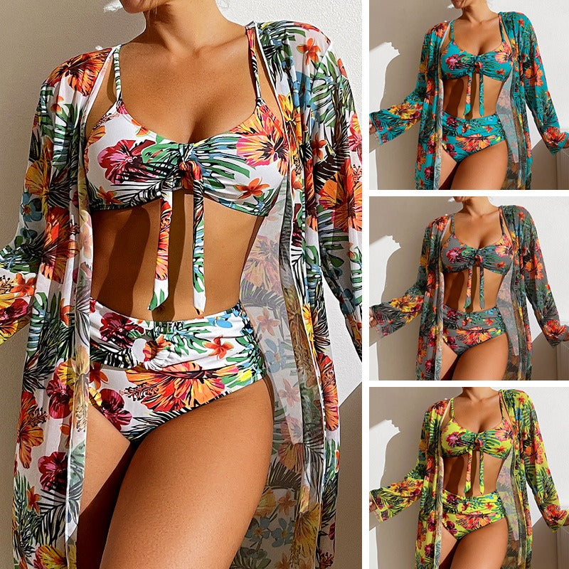 Swimming River Swimwear Long Sleeve Cover Up Split Three Piece Set Printed Sexy Swimwear Women's Bikini New Bikini