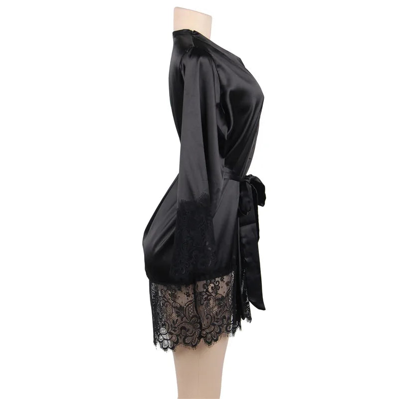 Newest Silk Robe Long Sleeves Lingerie Gowns Lace Patchwork Short Kimono Sexy Bride Robes Wedding