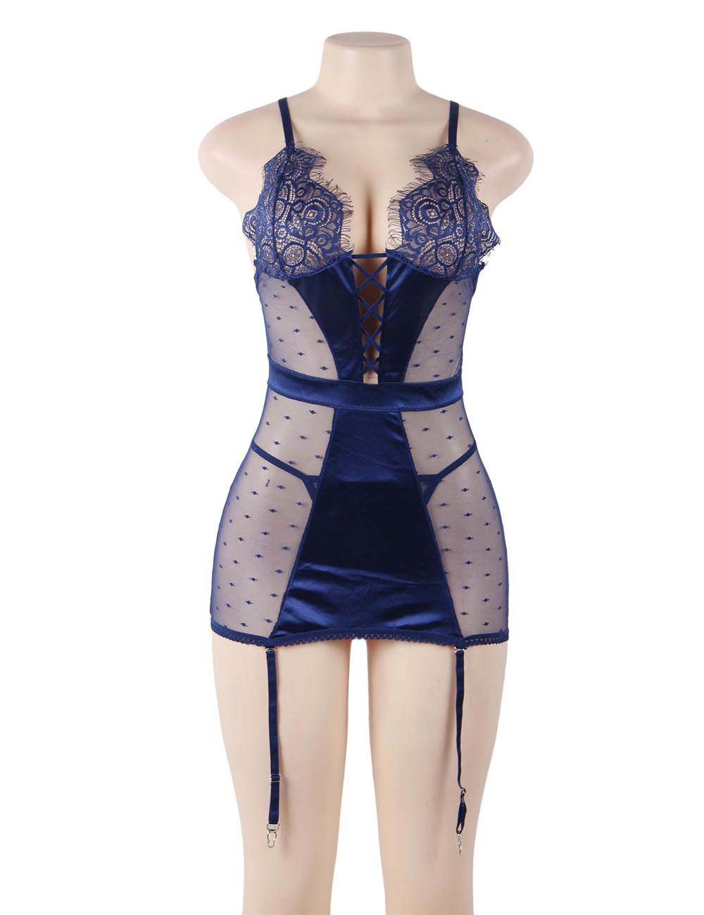 See-through Mesh Garter Lingerie with G String - Blue