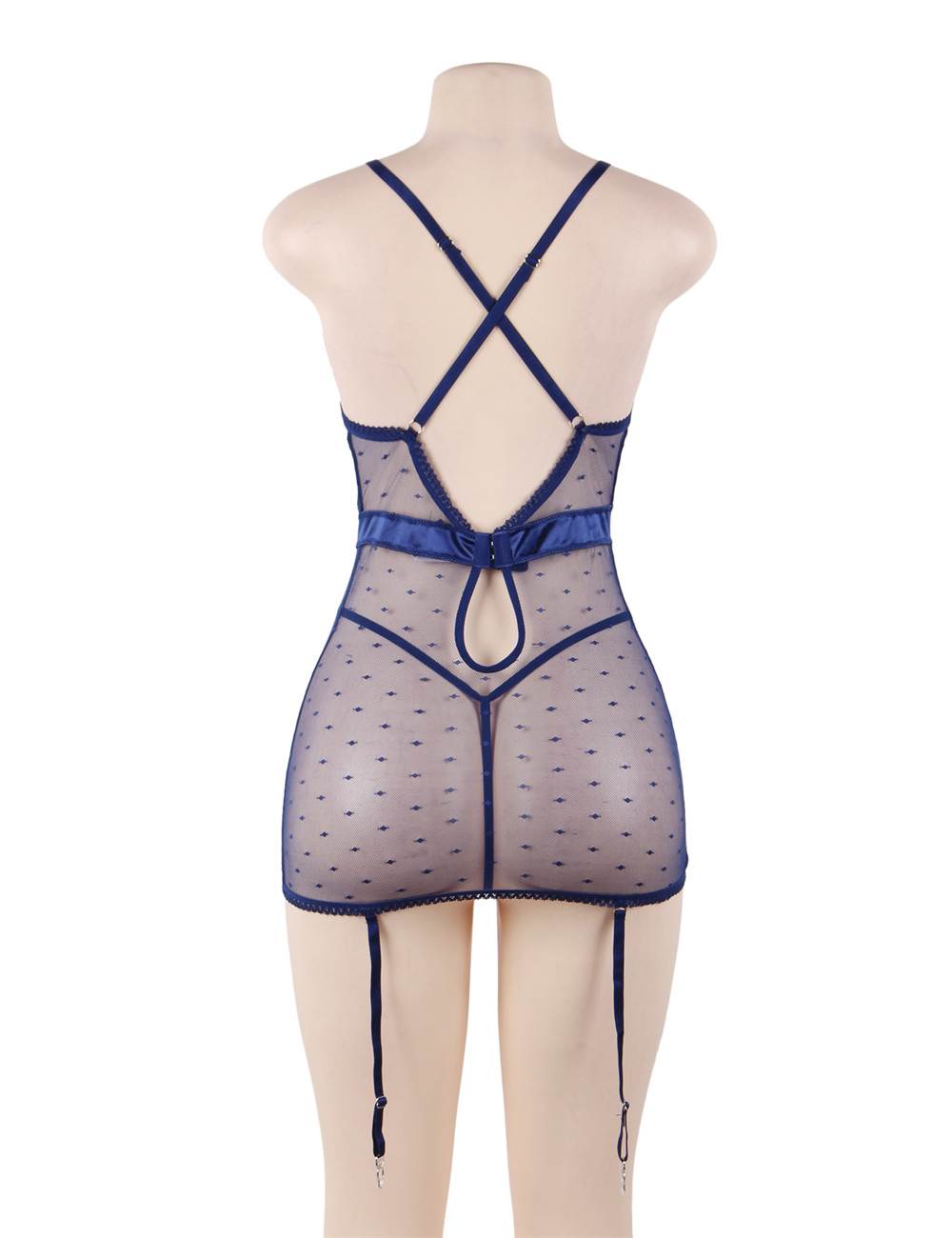 See-through Mesh Garter Lingerie with G String - Blue