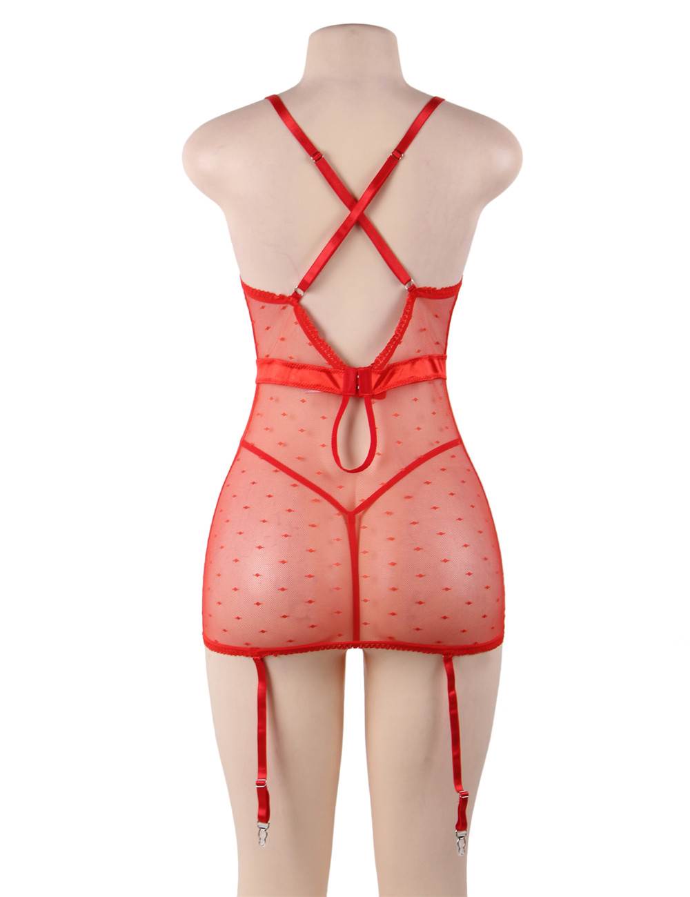 See-through Mesh Garter Lingerie with G String - Red