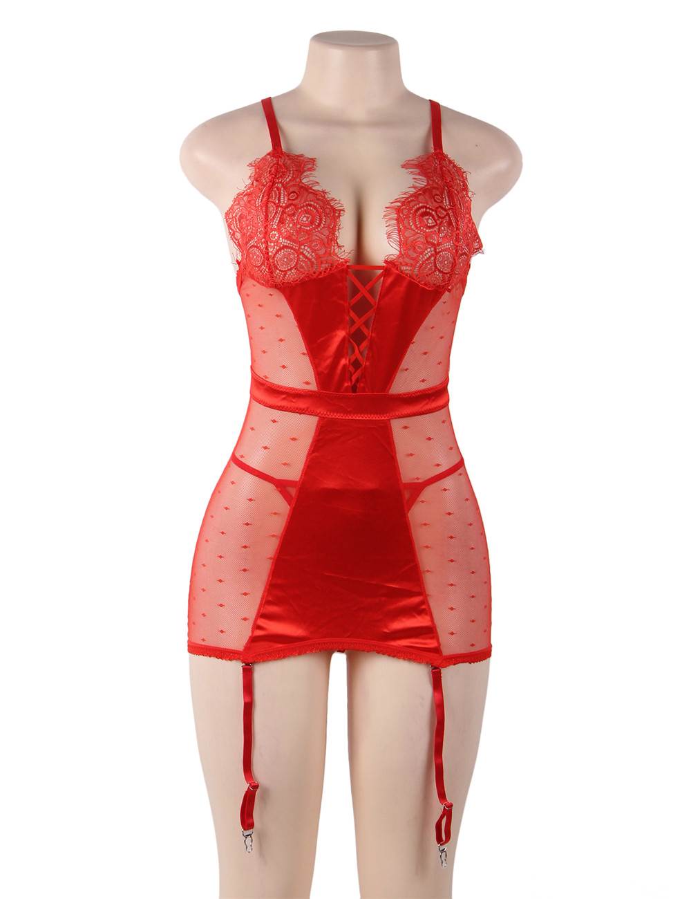 See-through Mesh Garter Lingerie with G String - Red