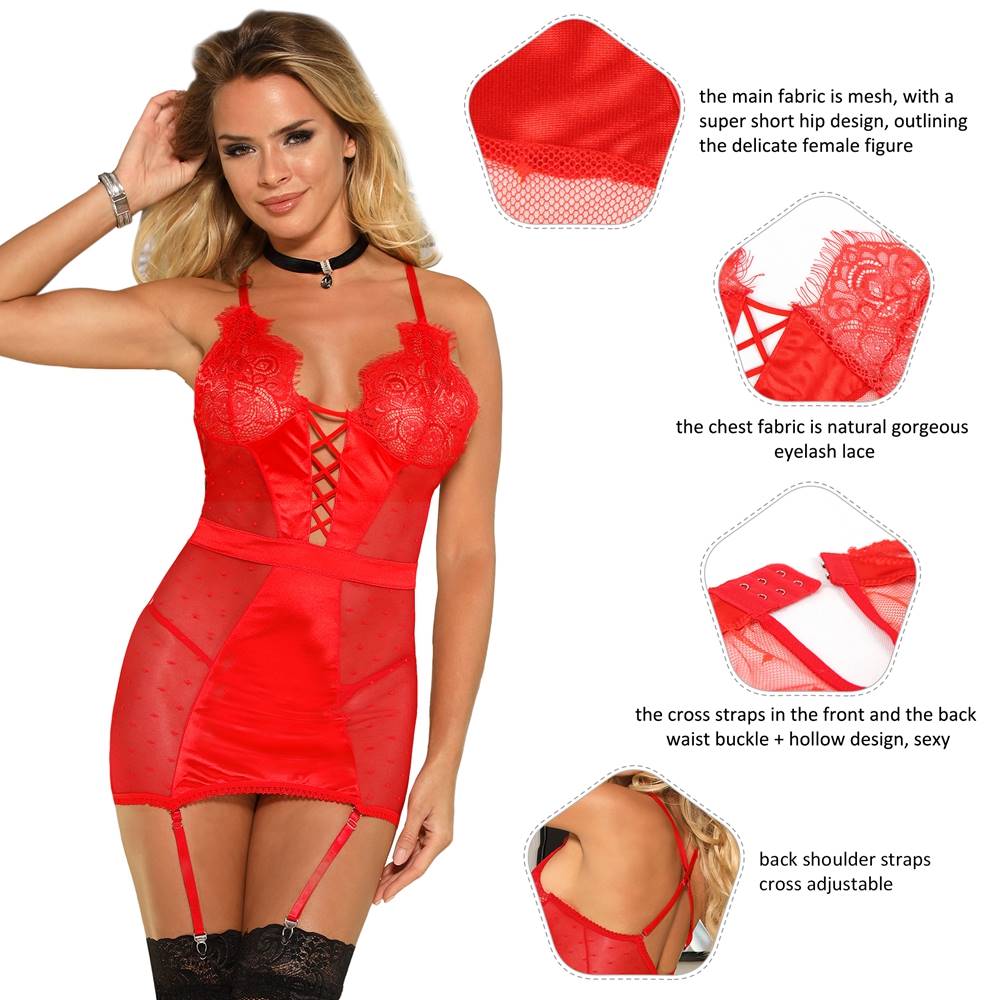 See-through Mesh Garter Lingerie with G String - Red