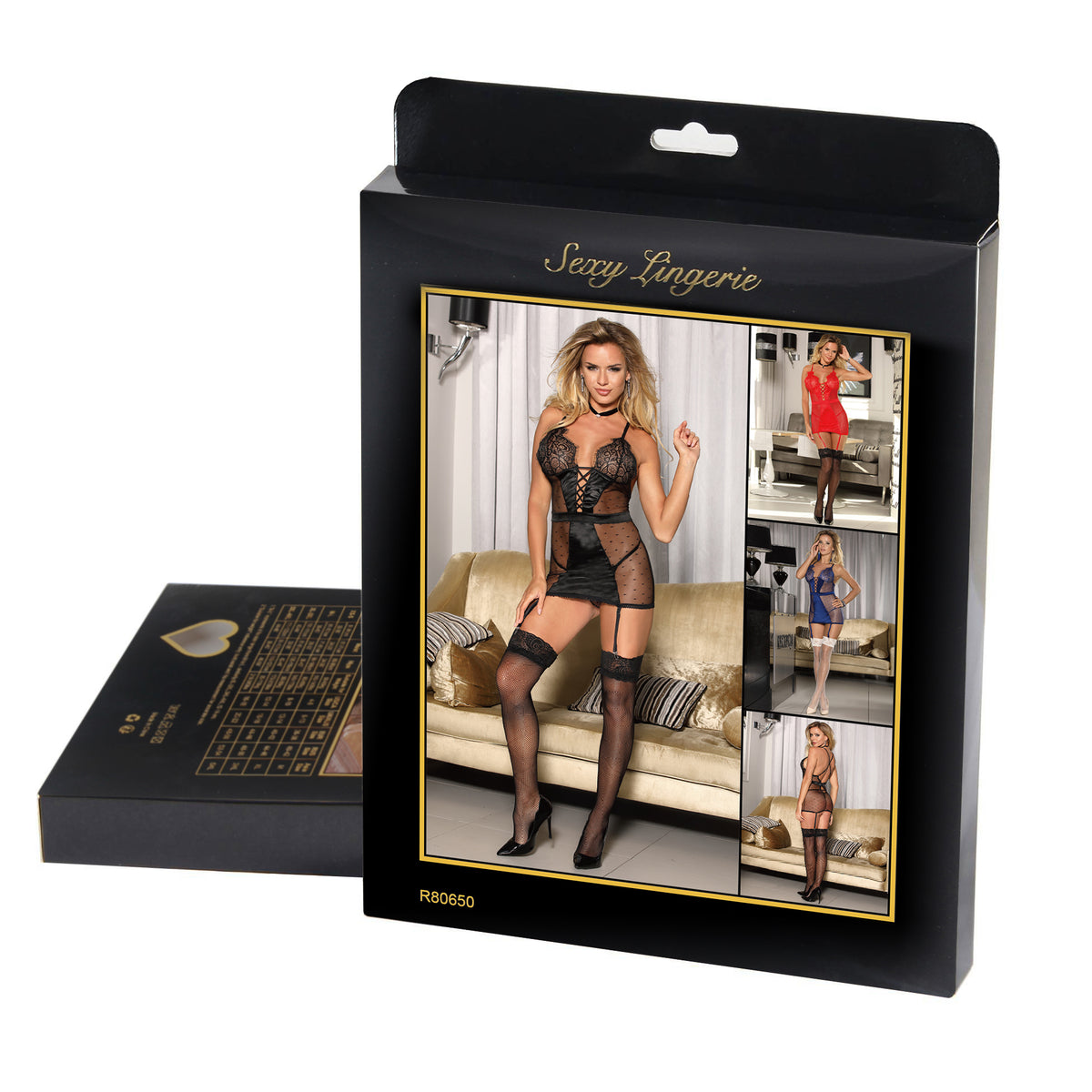 See-through Mesh Garter Lingerie with G String - Black
