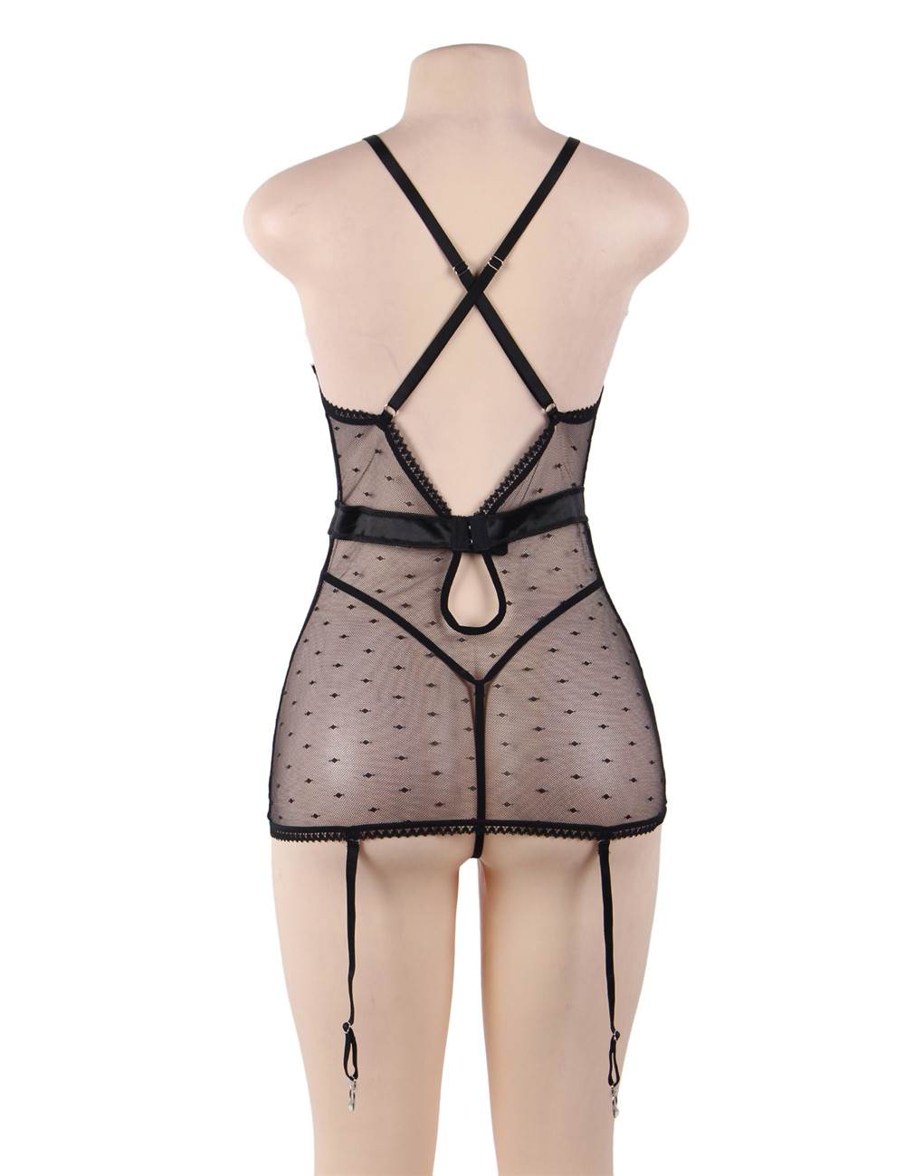 See-through Mesh Garter Lingerie with G String - Black