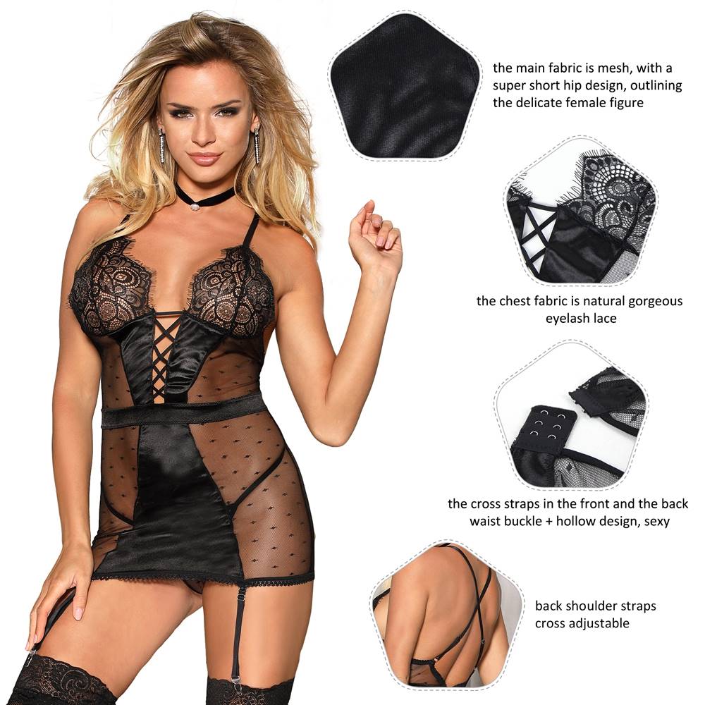 See-through Mesh Garter Lingerie with G String - Black