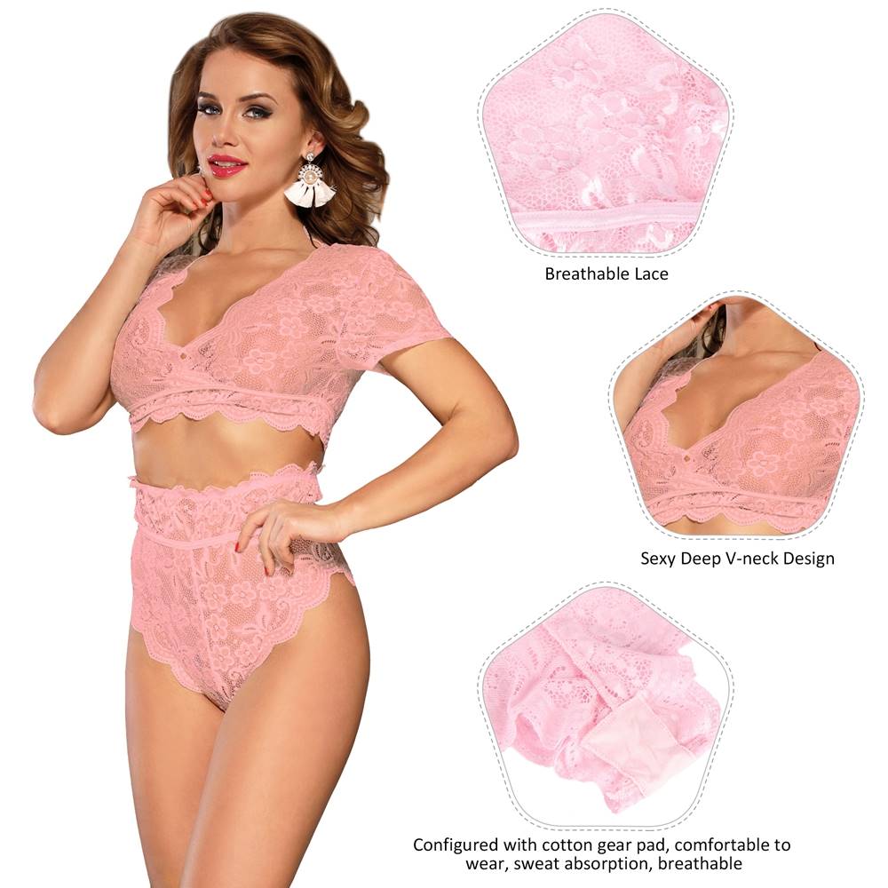 Plus Size High Waist Full Lace Bra Panty Underwear - 6 Colours