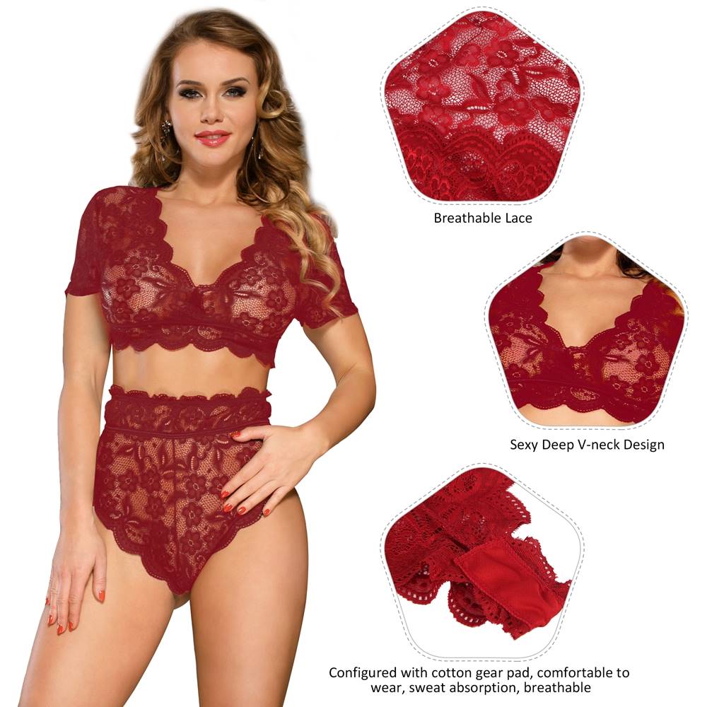 Plus Size High Waist Full Lace Bra Panty Underwear - 6 Colours