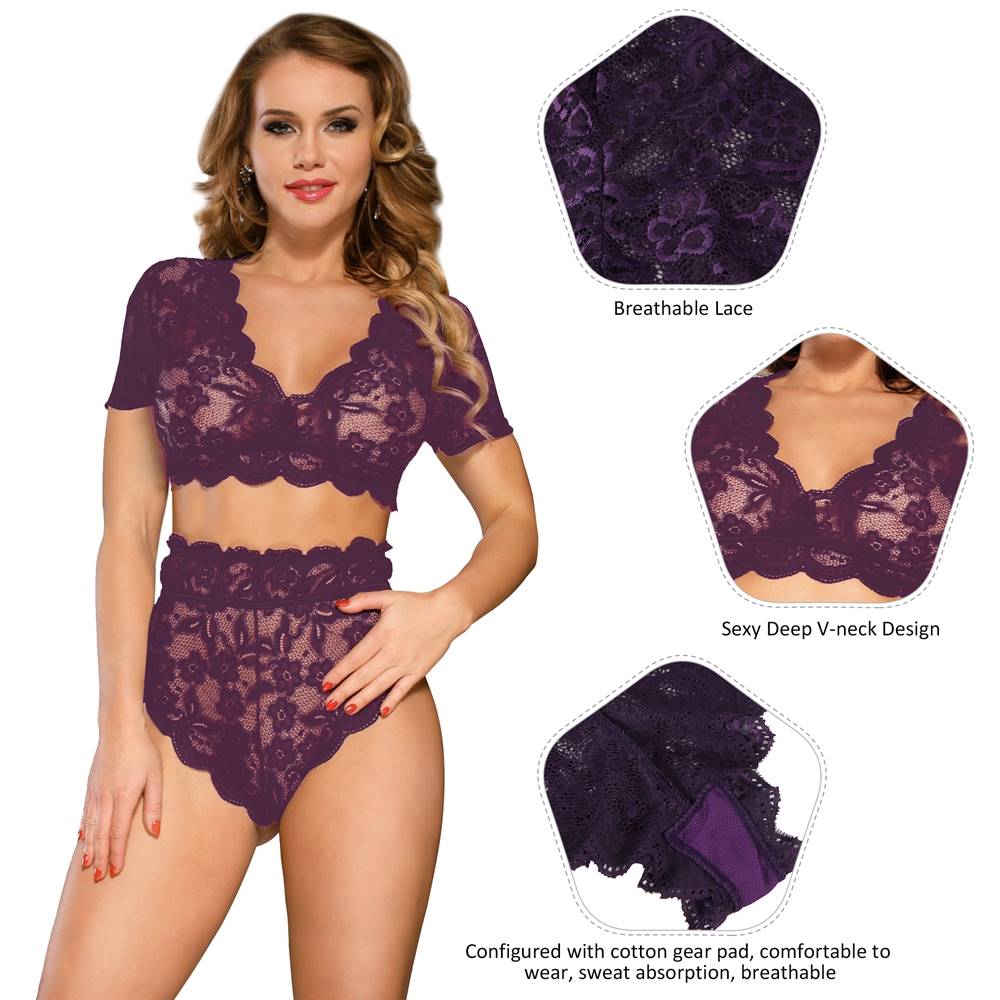 Plus Size High Waist Full Lace Bra Panty Underwear - 6 Colours