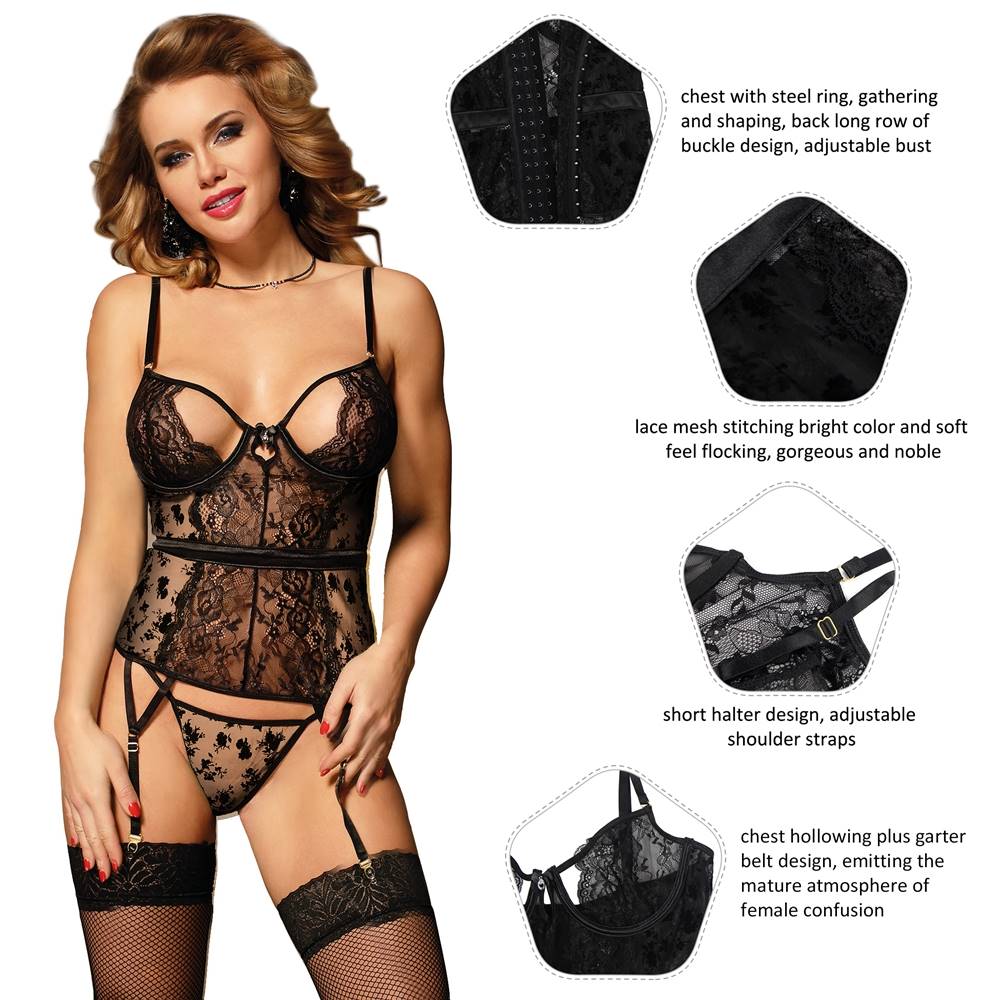 Exquisite Flocking Lace Garter Lingerie with Underwire Plus size