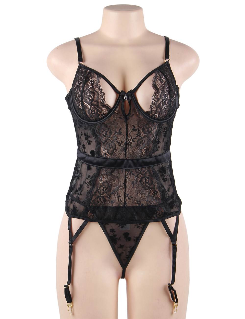 Exquisite Flocking Lace Garter Lingerie with Underwire Plus size
