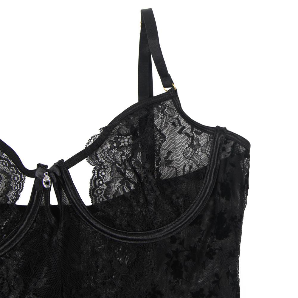 Exquisite Flocking Lace Garter Lingerie with Underwire Plus size
