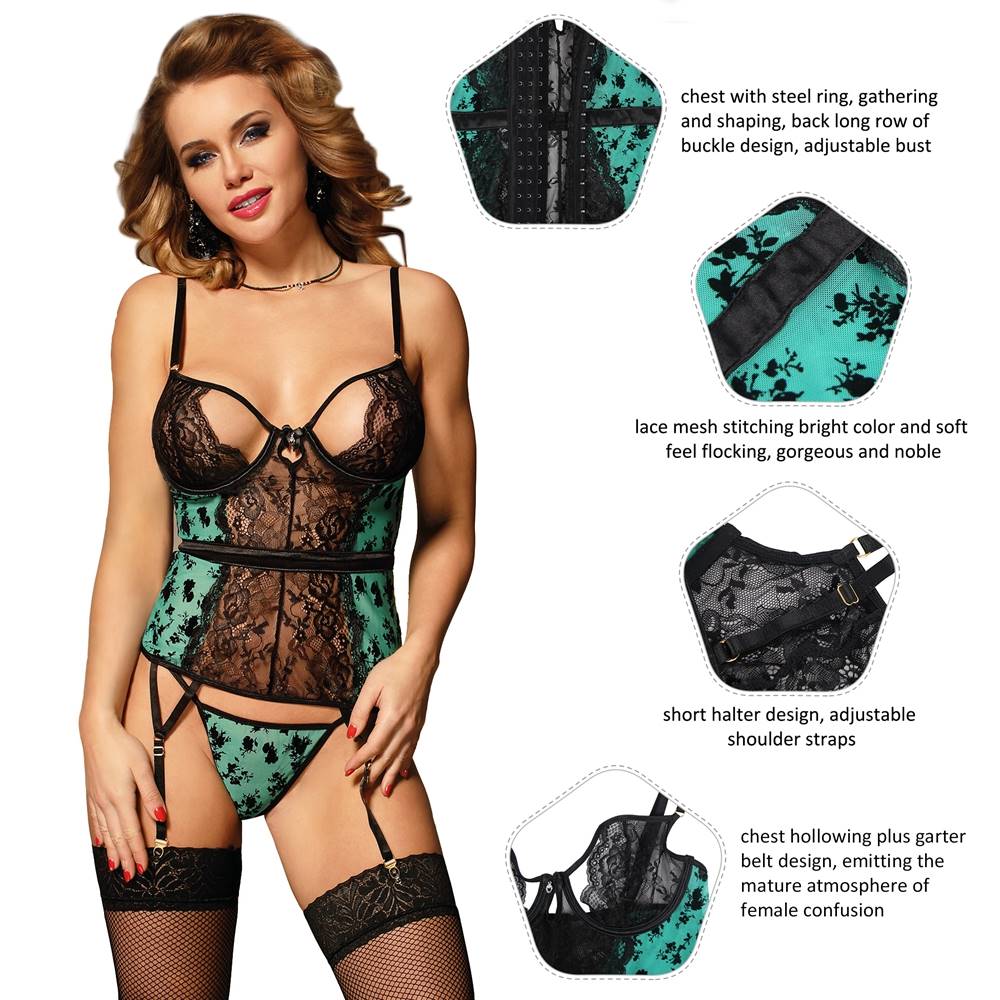 Lace Garter Lingerie with Underwire Green