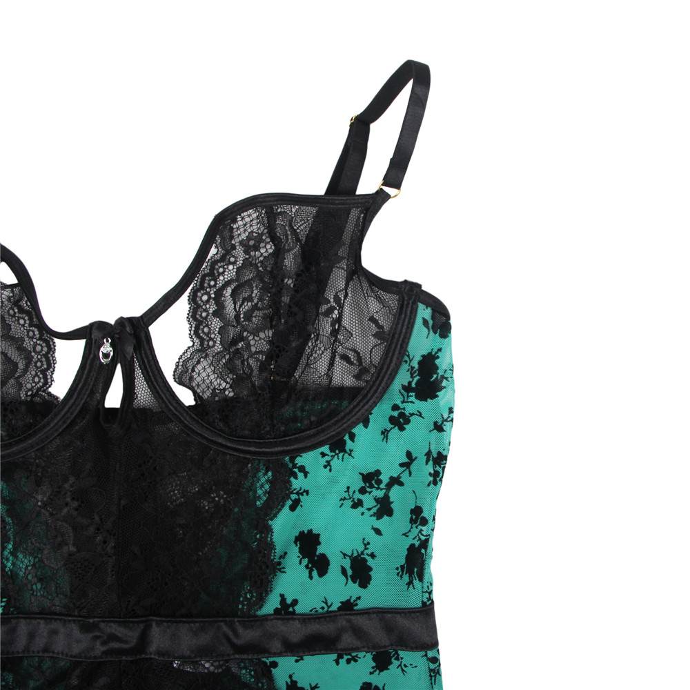 Lace Garter Lingerie with Underwire Green
