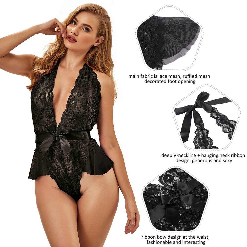 Sexy Red Halter V Neckline Ruffle Teddy with a belt - Black
