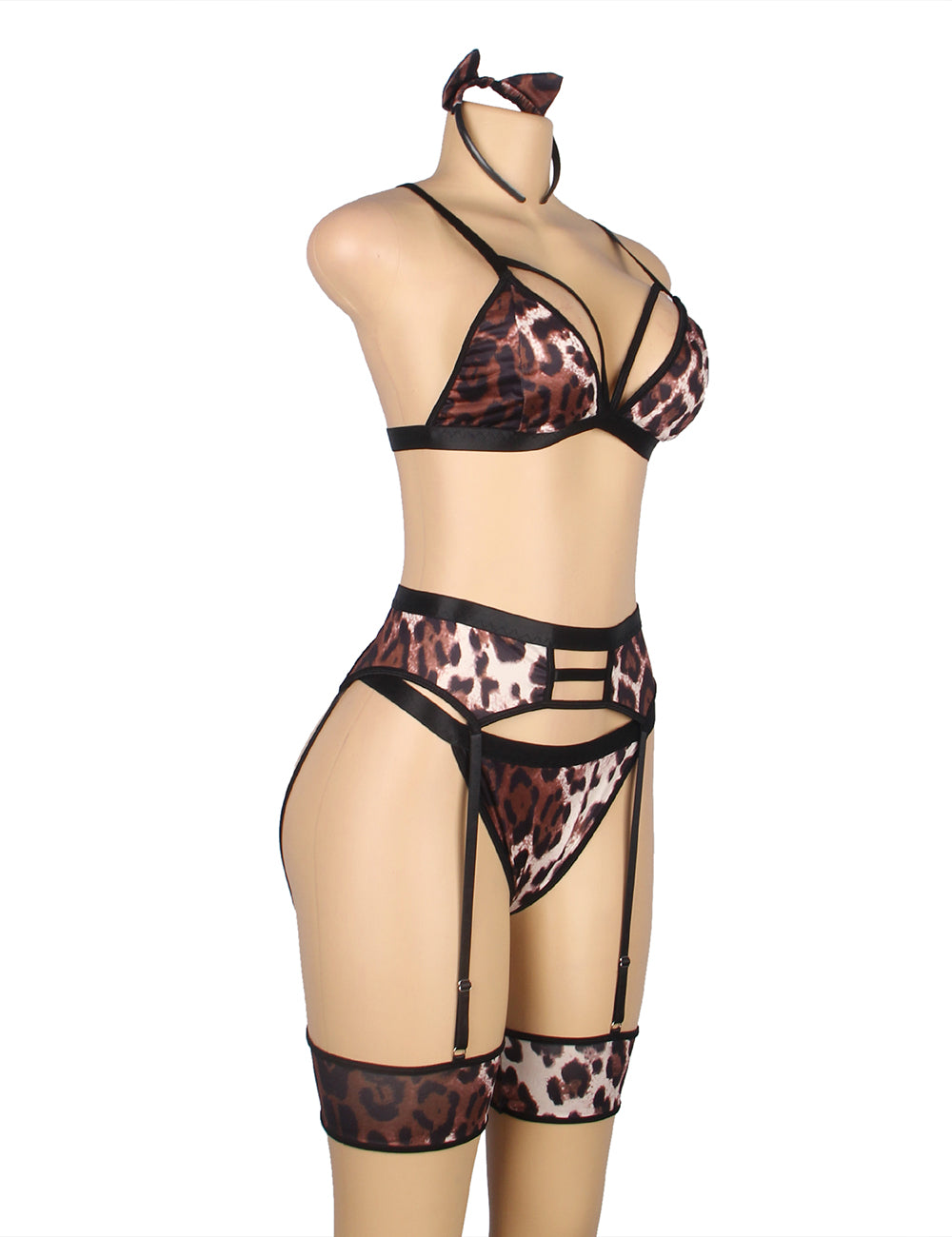 Plus Size Leopard Print Garter Belt Bra Set with Detachable Leg Ring