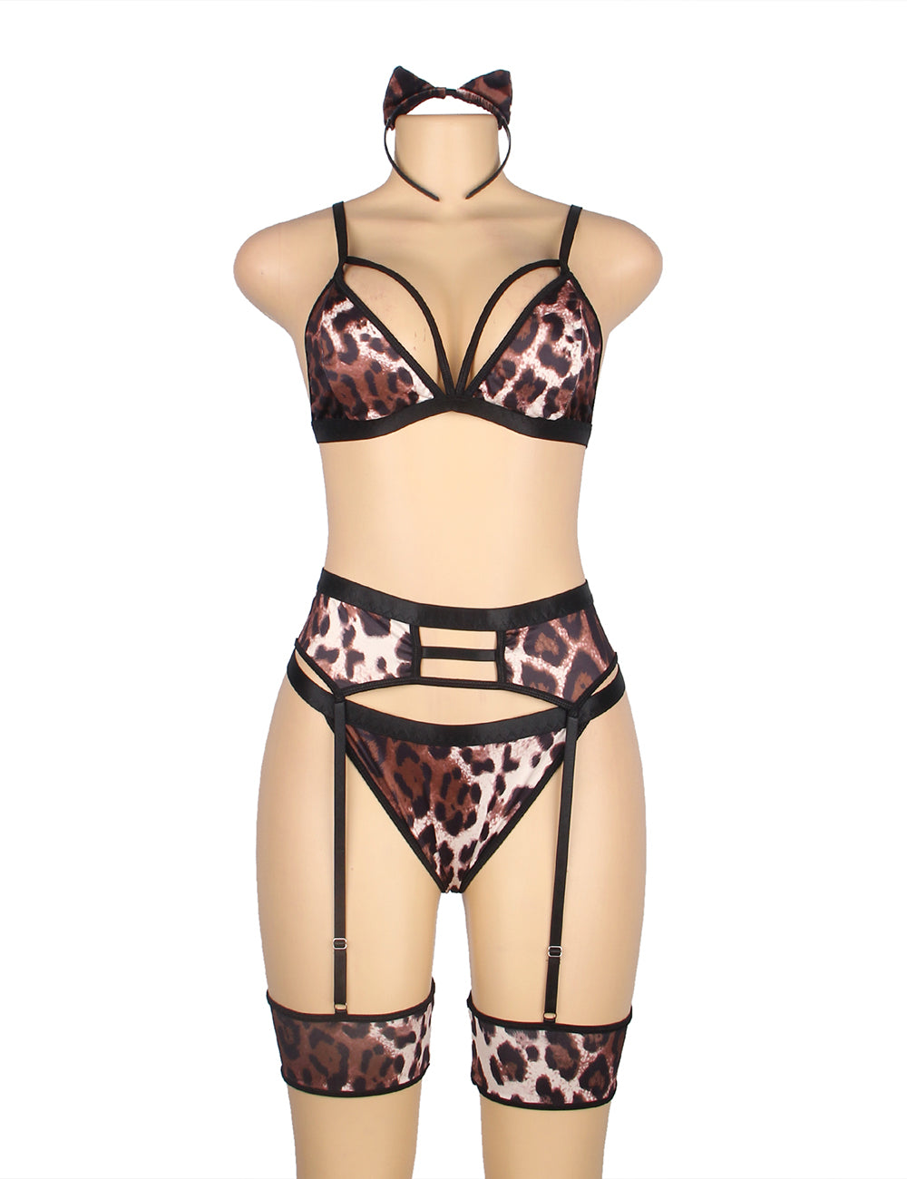 Plus Size Leopard Print Garter Belt Bra Set with Detachable Leg Ring