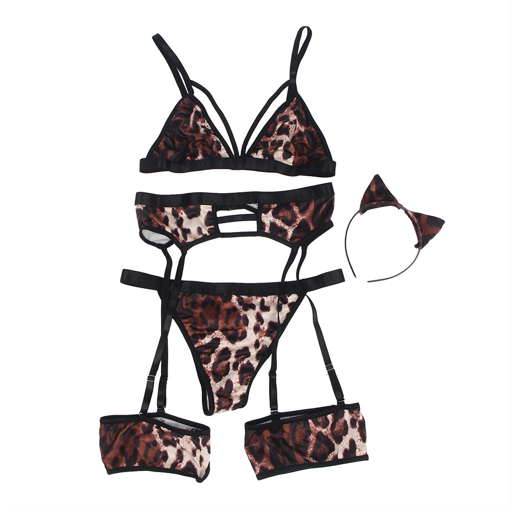 Plus Size Leopard Print Garter Belt Bra Set with Detachable Leg Ring