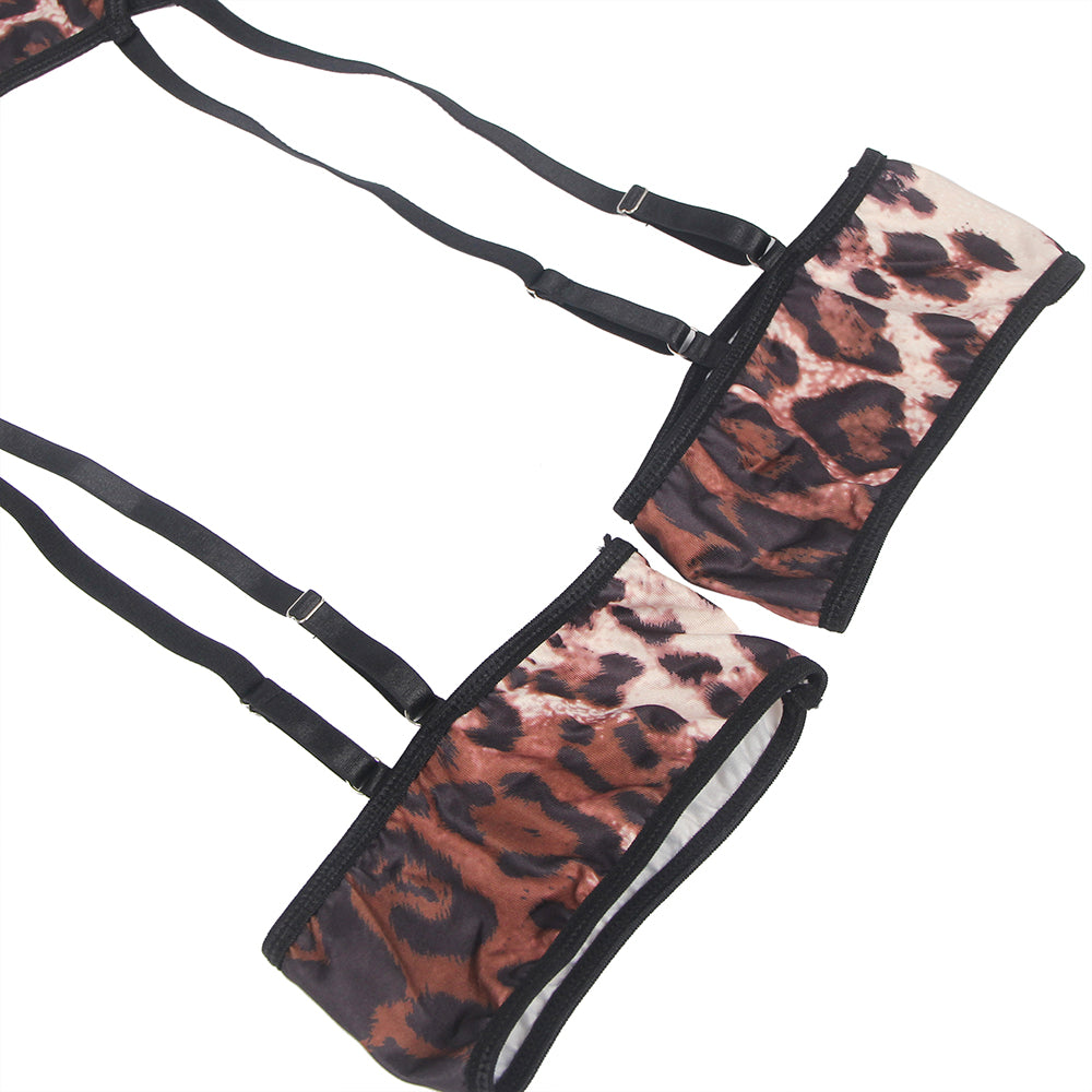 Plus Size Leopard Print Garter Belt Bra Set with Detachable Leg Ring