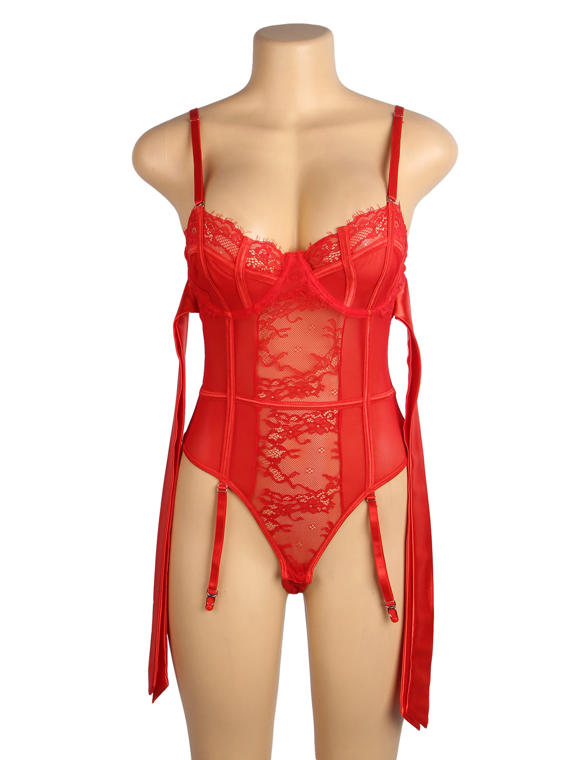 Sexy Lace Crotchless Garter Bodysuit Red