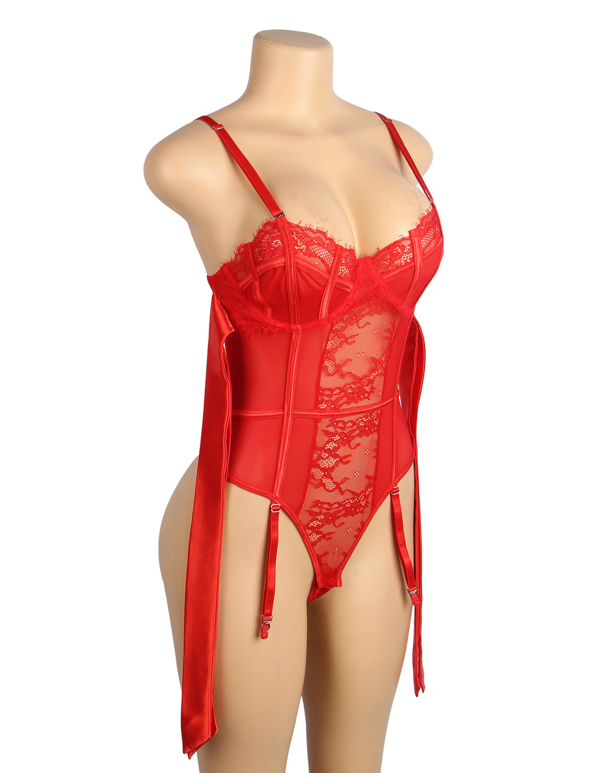 Sexy Lace Crotchless Garter Bodysuit Red