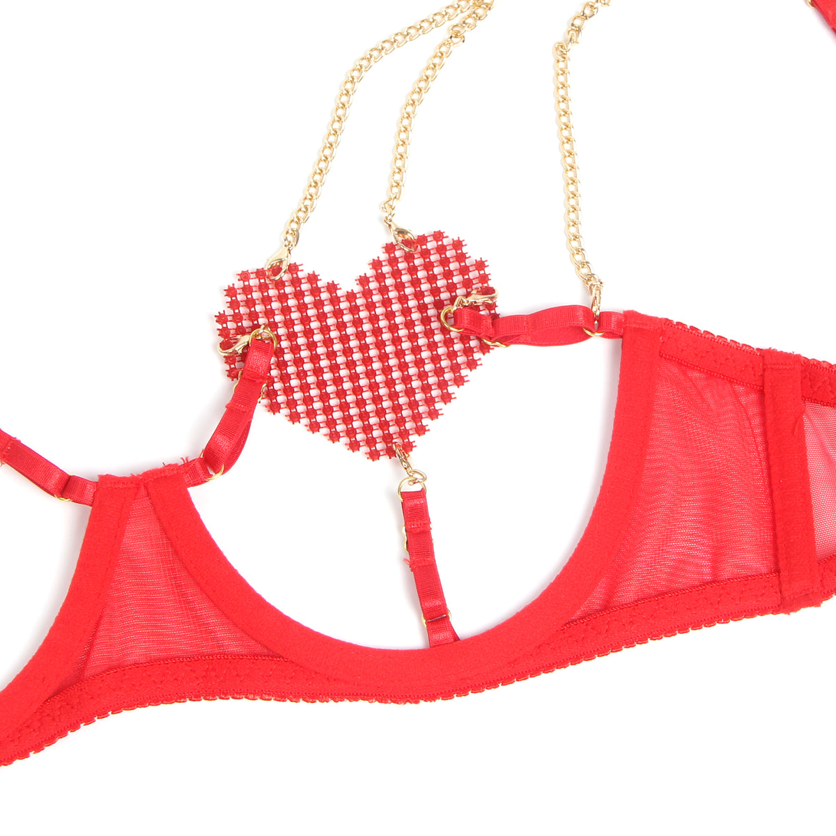 Red Sexy Mesh Heart Chain Bra Set.