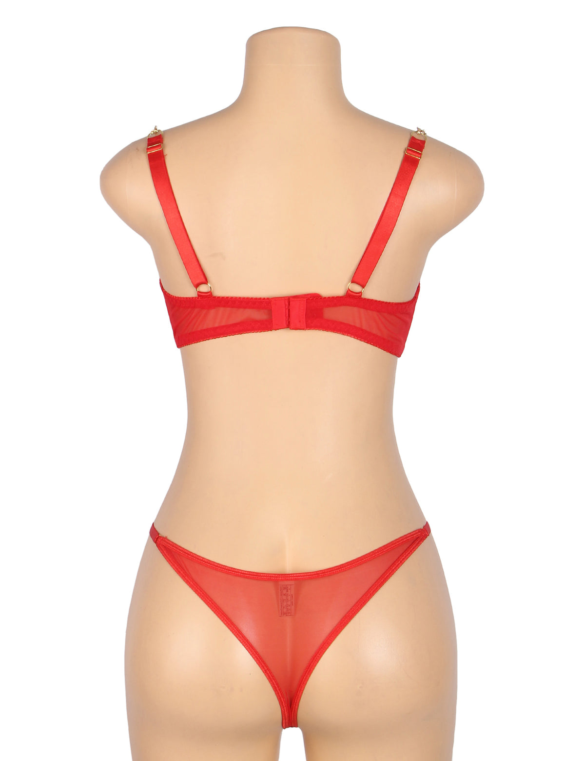 Red Sexy Mesh Heart Chain Bra Set.