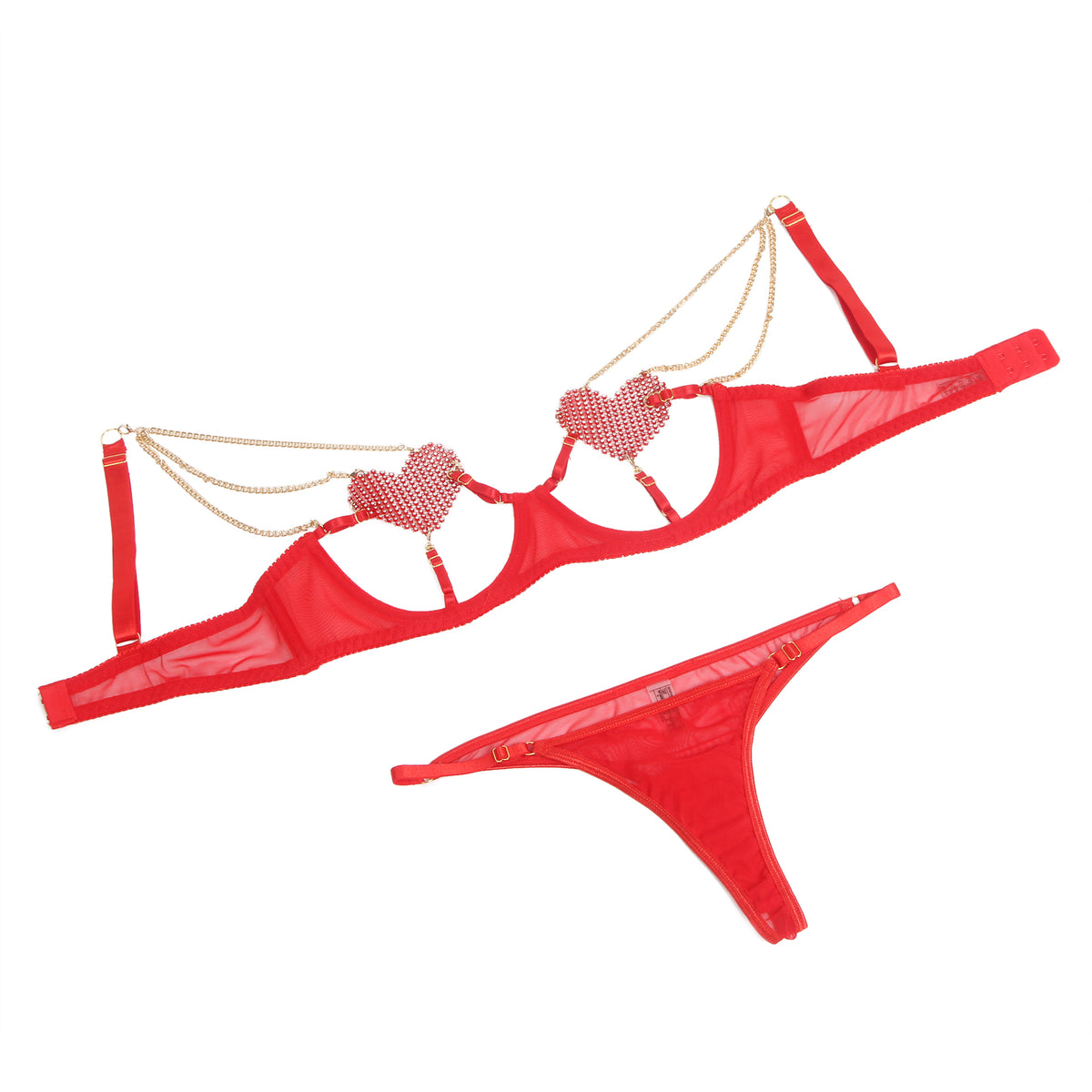 Red Sexy Mesh Heart Chain Bra Set.