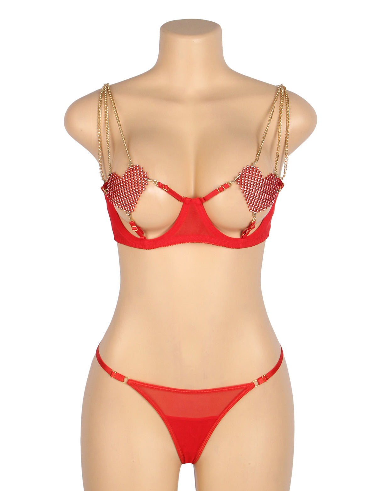 Red Sexy Mesh Heart Chain Bra Set.