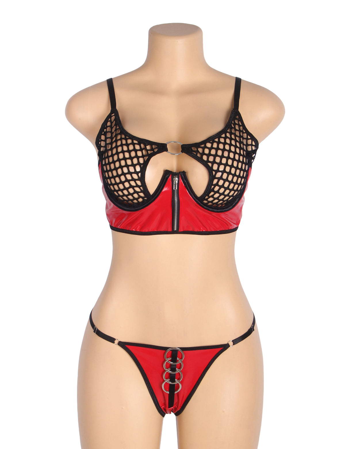 Red Sexy Patent Leather Mesh Zippered Bra Set