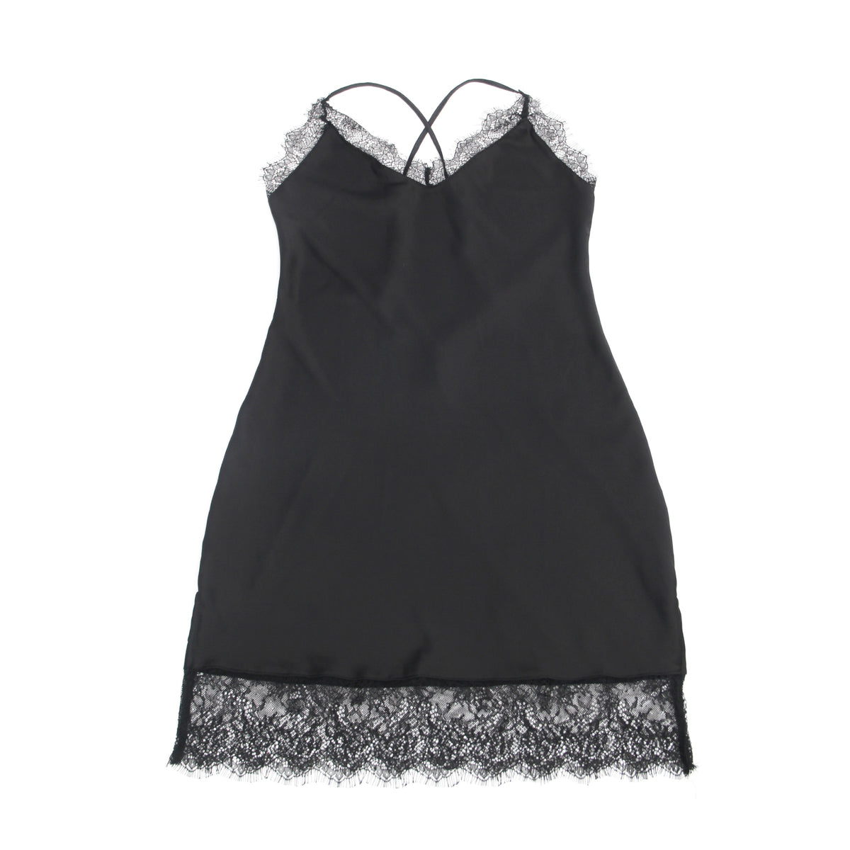 Black Sexy Satin Eyelash Lace Suspender Nightdress