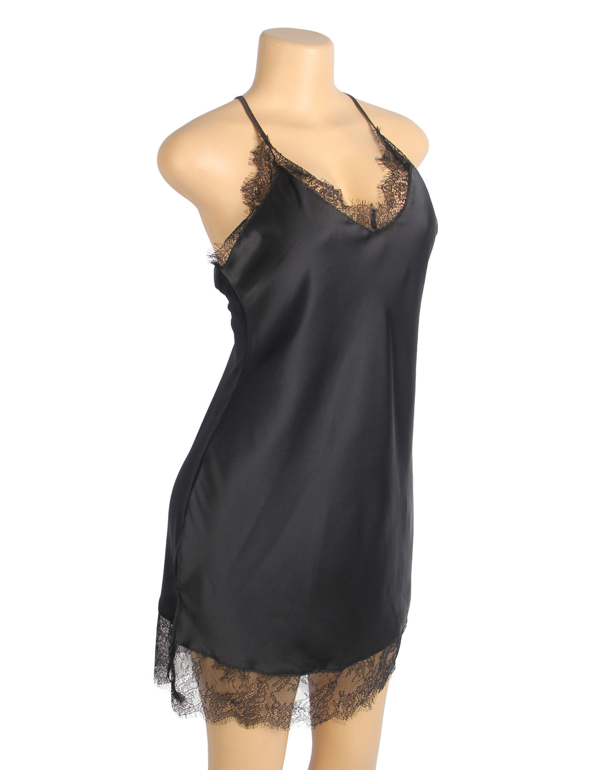 Black Sexy Satin Eyelash Lace Suspender Nightdress