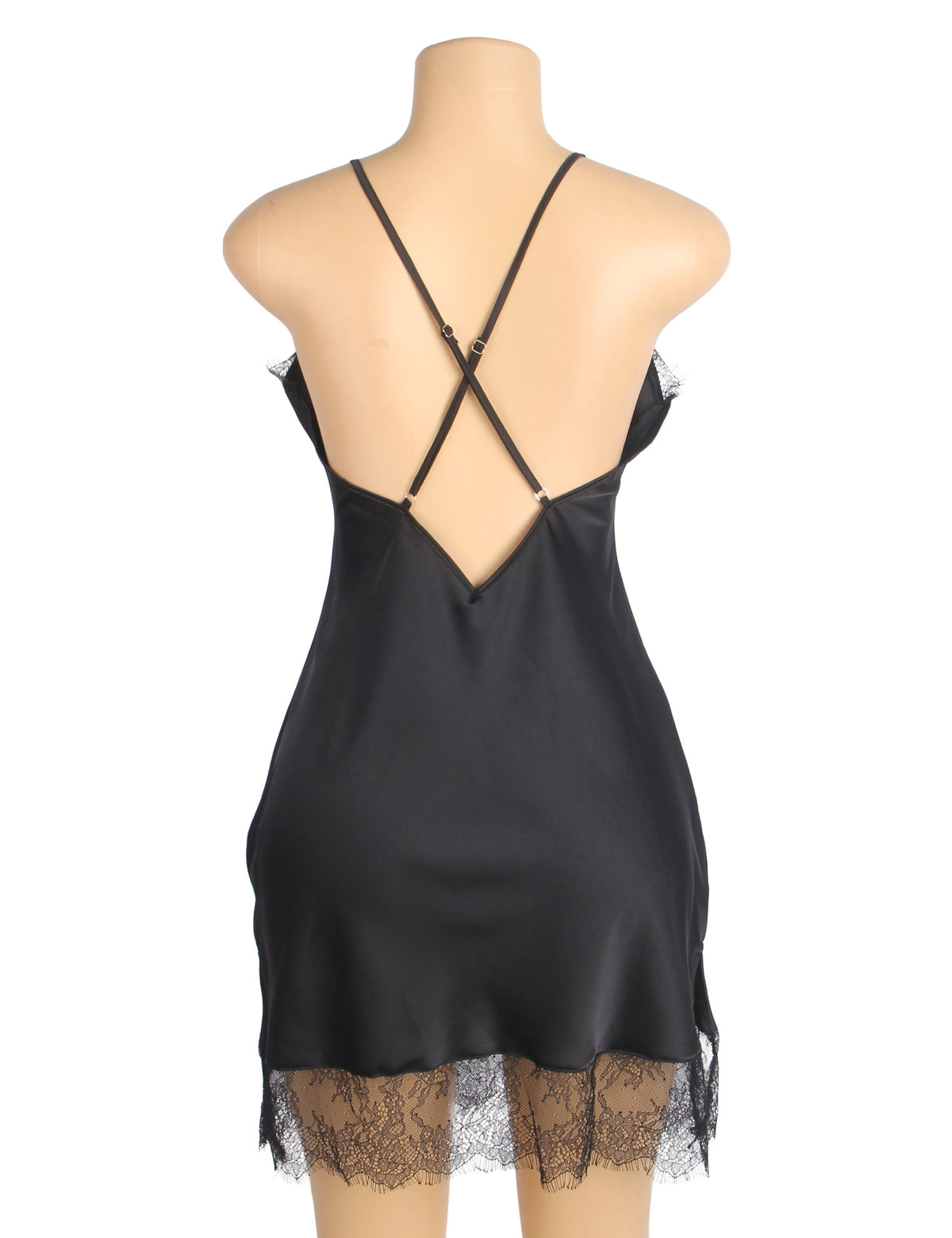 Black Sexy Satin Eyelash Lace Suspender Nightdress