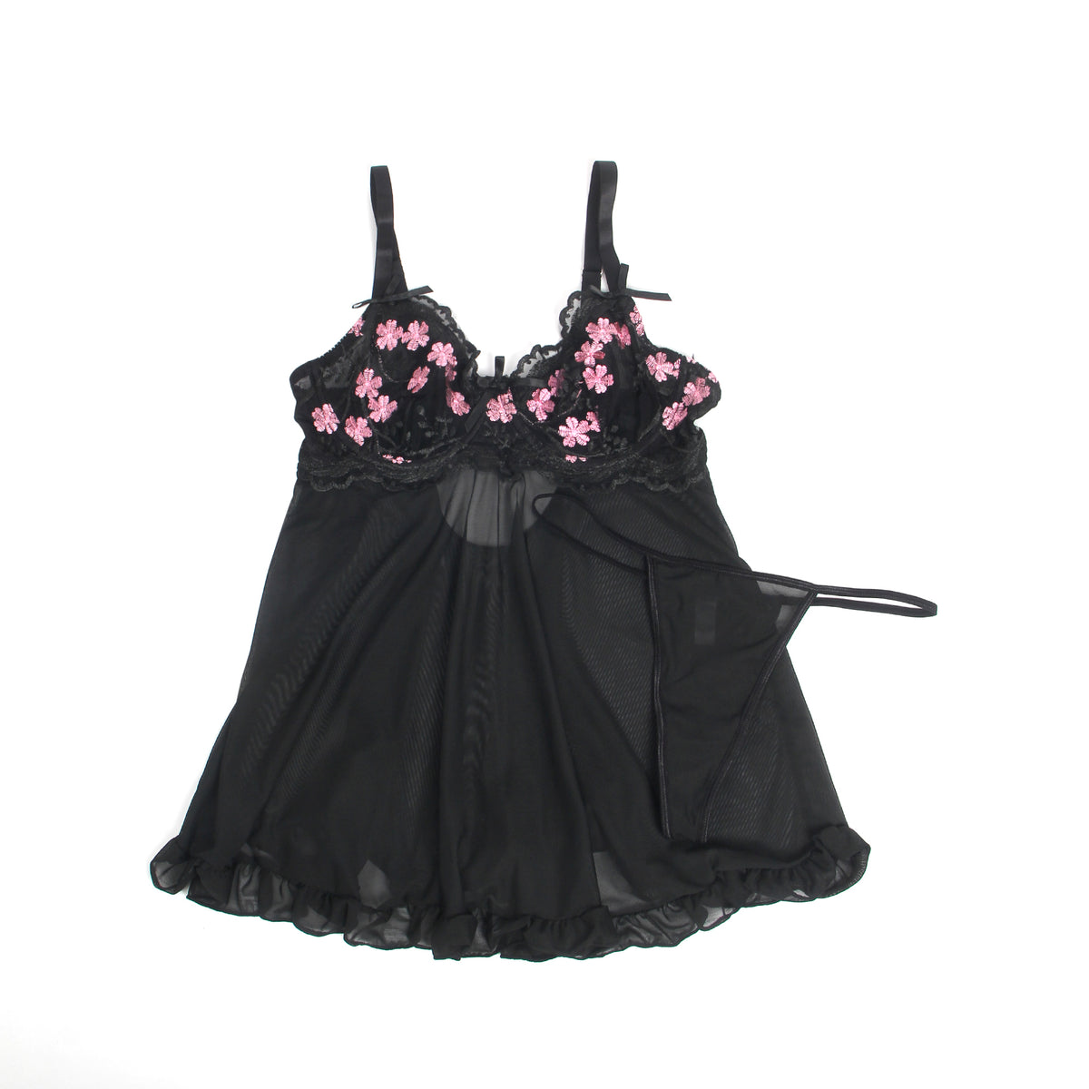 Black Sexy Mesh Embroidery Lace Lift Bra Suspender Nightdress