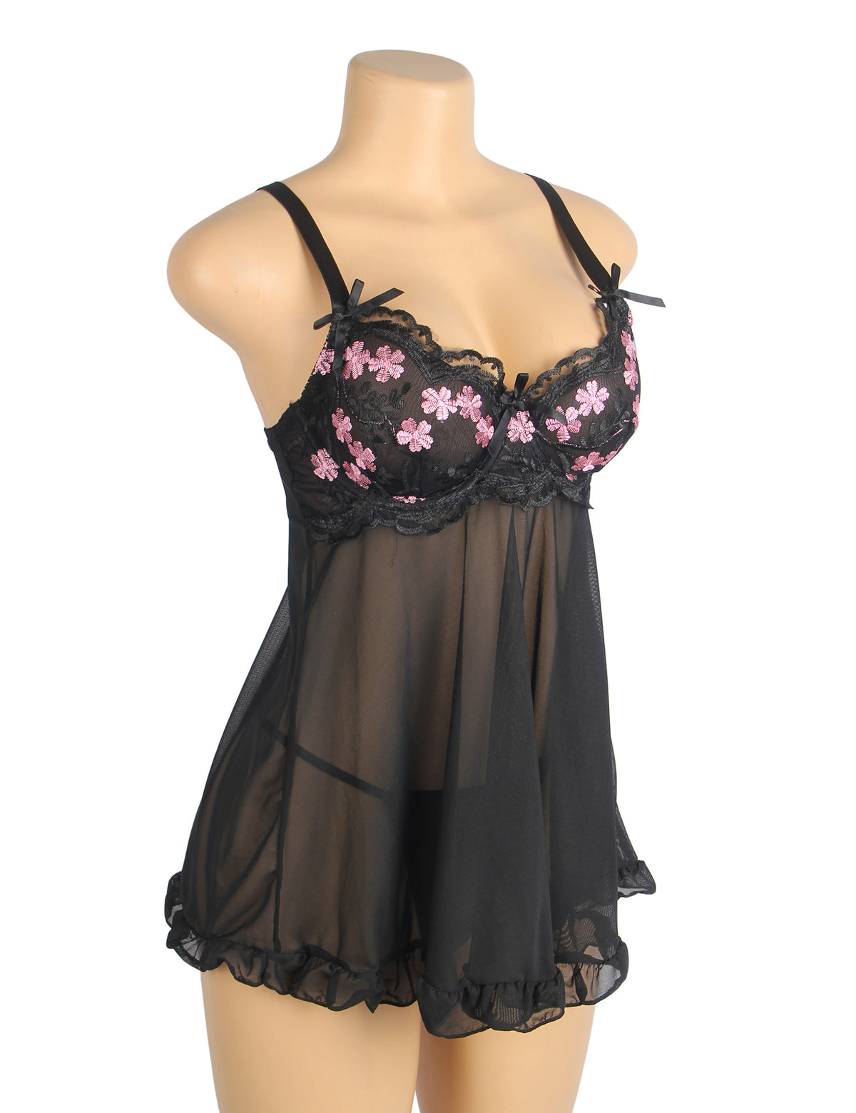 Black Sexy Mesh Embroidery Lace Lift Bra Suspender Nightdress