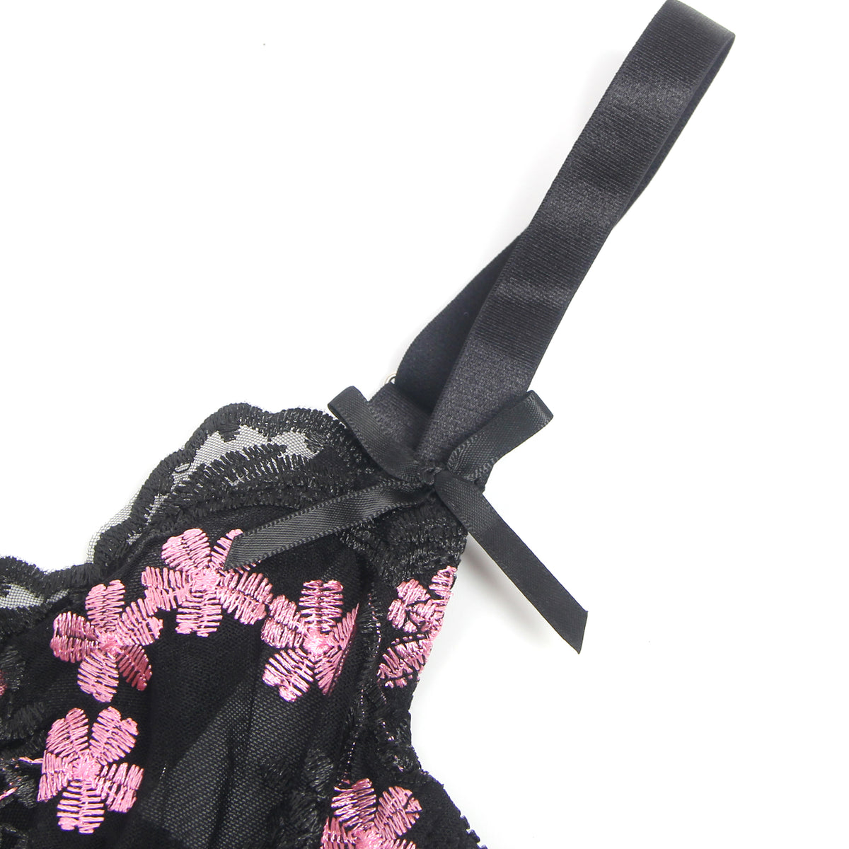 Black Sexy Mesh Embroidery Lace Lift Bra Suspender Nightdress