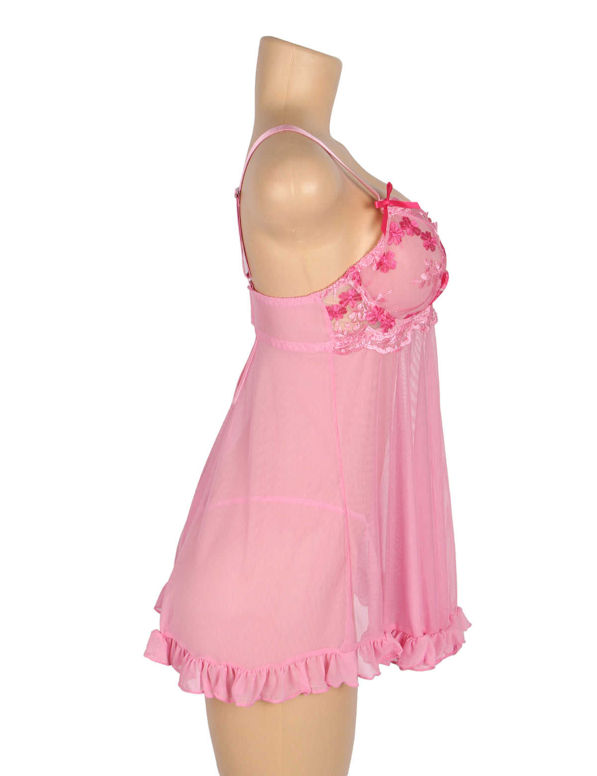 Pink Sexy Mesh Embroidery Lace Lift Bra Suspender Nightdress