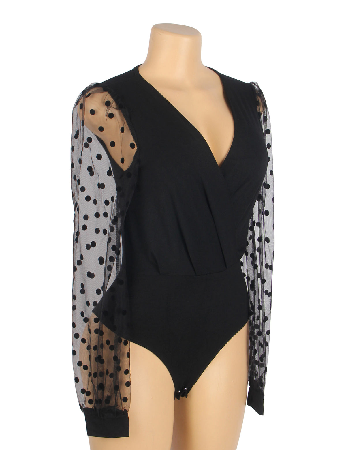 Black Sexy Deep V Neck Polka Dot Mesh Long Sleeves Open Crotch Bodysuit