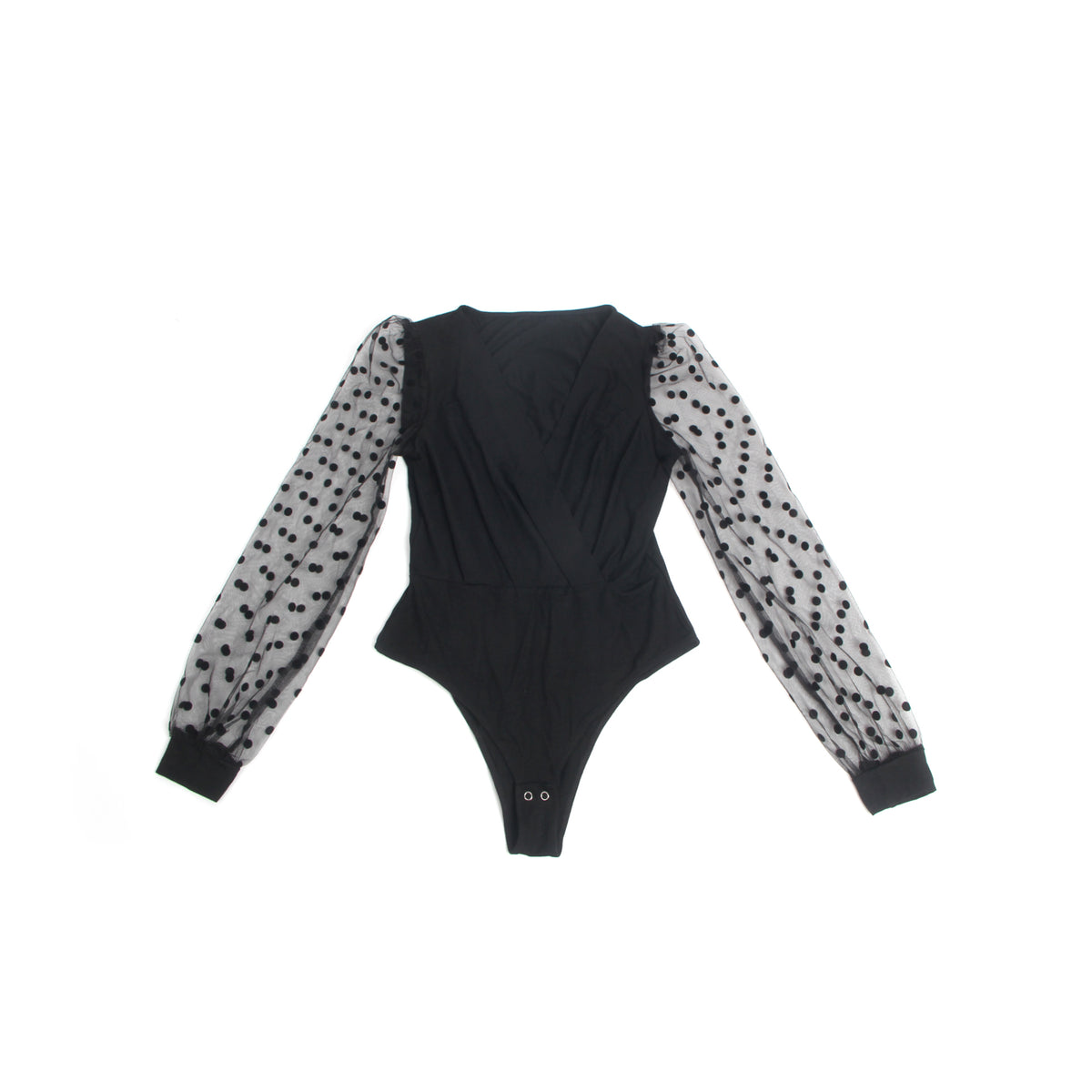 Black Sexy Deep V Neck Polka Dot Mesh Long Sleeves Open Crotch Bodysuit