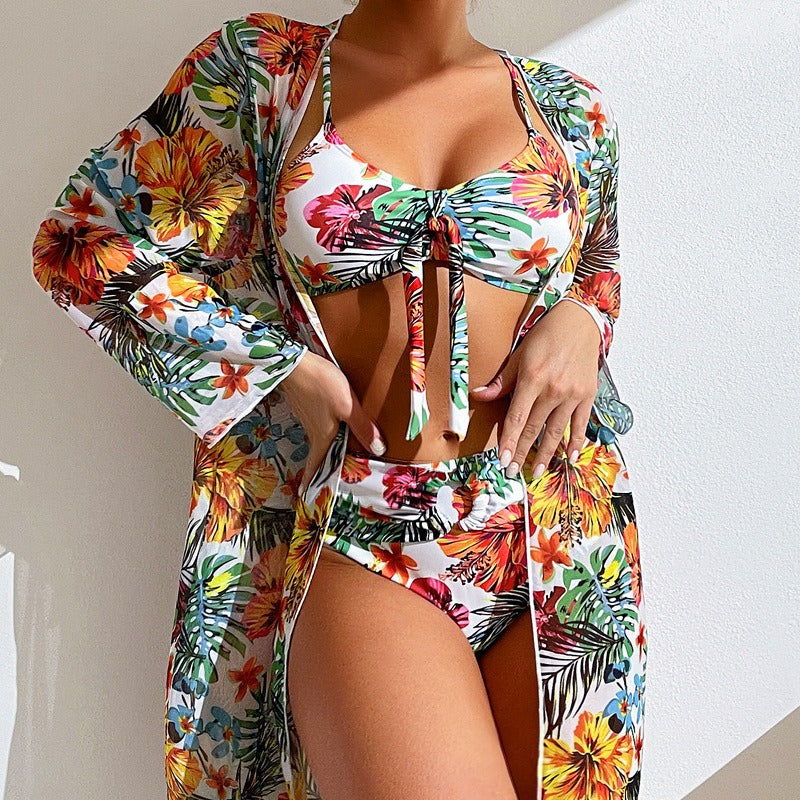 Swimming River Swimwear Long Sleeve Cover Up Split Three Piece Set Printed Sexy Swimwear Women's Bikini New Bikini