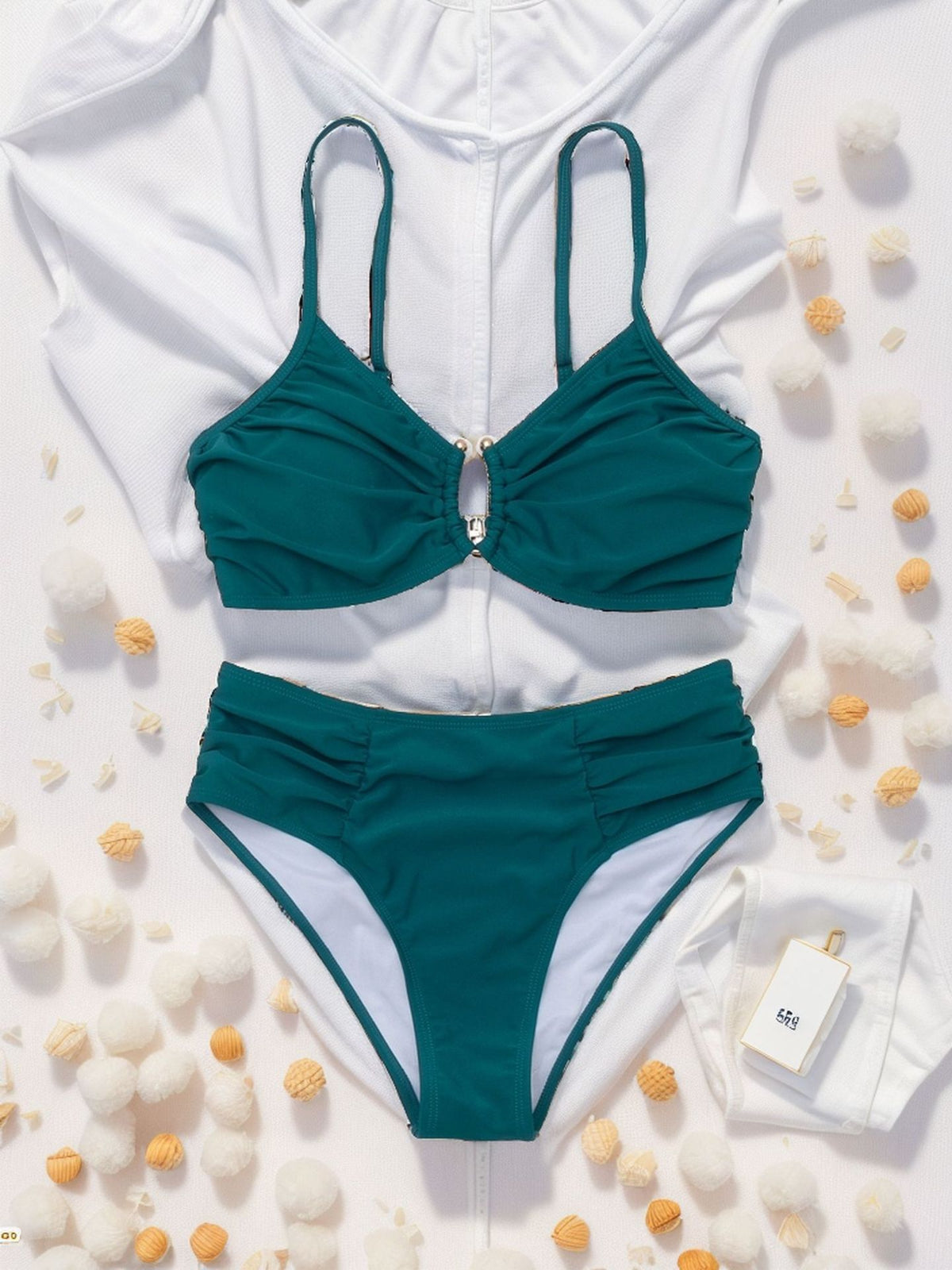 Solid Color Pleated High-Waist Sexy Bikini Two-Piece Swimsuit