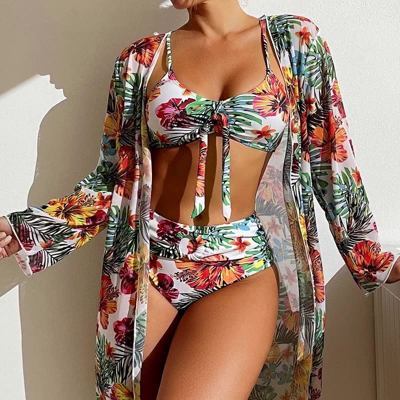 Swimming River Swimwear Long Sleeve Cover Up Split Three Piece Set Printed Sexy Swimwear Women's Bikini New Bikini